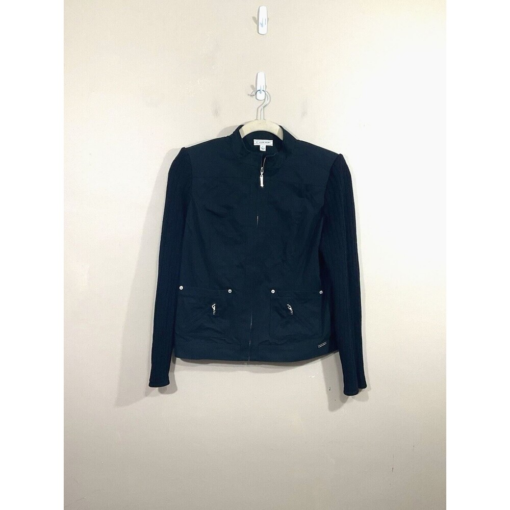 St John Sport Womens Mixed Fabric Knit Back Full Zip Jacket L Black Preppy